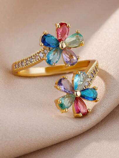 Anillo de acero inoxidable chapado en oro de 18K con doble flor de colores arcoíris, estilo mujer/madre, anillo ajustable de color dorado, joyería de boda/accesorio festivo, regalo para el Día de San Valentín y el Día de la Madre