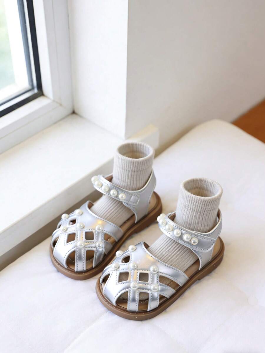 New Girls' Hollow Pearl Decor Princess Sandals, Minimalist Design, Comfortable Flat Casual Versatile Elegant Sandals