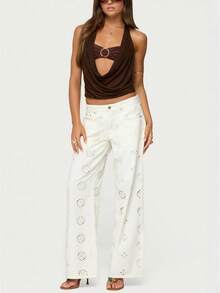 Women Layered Bandeau Cowl Neck Top Metal Circle Halter Tank Top Sexy Backless Crop Tops Summer Sleeveless Slim T-Shirts For Party Streetwear - nâu sẫm - Xem 6