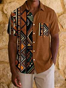 男士印花衬衫，棕色亚麻质感度假衬衫，几何拼接美学上衣，轻盈精致的夏季服装 - 彩色 - 查看 2