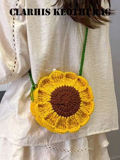 New Stylish And Versatile Yellow Small Sunflower Material Pack, Single-Shoulder Fresh And Cute Small Bag, New Sweet Girl Crossbody Handmade Woven Bag, Available In Multiple Colors, Small Sunflower Round Bag With Uneven Texture, Pearl Button Closure, Hollow Woven Design, Top Single Green Shoulder Strap, Cute Style, Can Be Worn As Single-Shoulder, Crossbody, Or Handbag, Suitable For Girls Going Out, Playing, Shopping, Etc.
