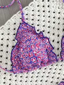 Onefish Women's Pink & Purple Leopard Print Bikini Set, Triangle Strap Sliding Cup Top, Adjustable Tie, Low Waist High Cut Ruffle Bottom, Summer Beach Swimwear - Purple - View 6