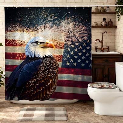 American Independence Day Bald Eagle Fireworks Polyester Shower Curtain, Bathroom Decor Waterproof Partition Curtain, Bathroom Set With Shower Curtain, Bathroom Window Curtain. This Polyester Shower Curtain Adopts High-Definition Digital Printing, Combining Majestic Bald Eagle, Brilliant Fireworks And American Flag Elements.