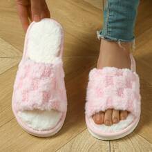 Plush One-Toe Open Slippers For Women, Simple Fluffy Indoor Couple Slippers - Pink - View 9