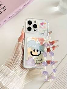 Smiling Face Painted Transparent Square Card Holder Multifunctional Card Wallet With Wrist Strap Thick Shockproof Phone Protective Case Compatible With IPhone/ Galaxy/,International Version, Not The Domestic Version - Multicolor - View 5