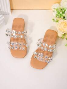 Girls' Clear Strap Rhinestone & Pearl Embellished Slide Sandals, Luxe Open Toe Party Shoes For Kids - Clear - View 3