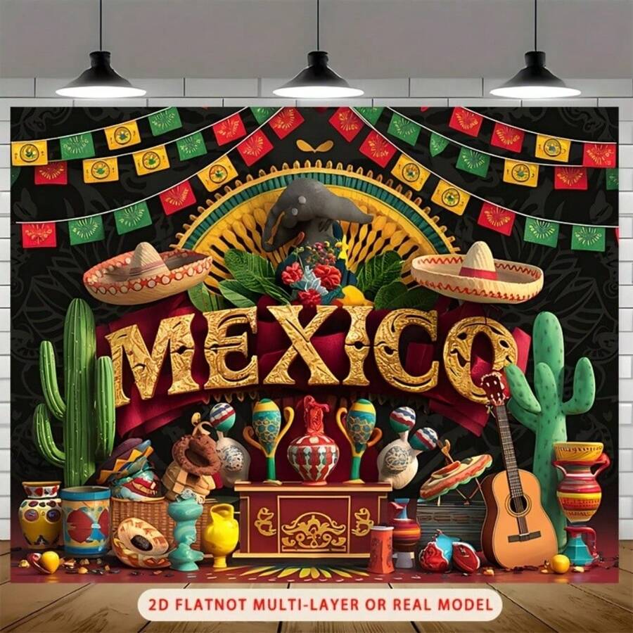 1 Peça Bottom Vívido de Festa Mexicana - Com Design de Guitarra Colorida, Cacto e Chapéu Mexicano, é muito adequado para festa, escola, bar, jardim e decoração de estúdio de fotografia, fácil de instalar, sem fonte de alimentação, Bottom de Festa | Decoração de Feriado | Tecido, Decoração Mexicana em Vários Estilos e Tamanhos. - 17 - Visão 1