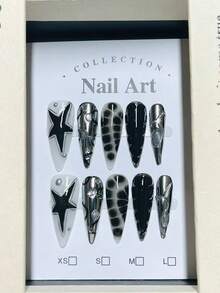 1package/10pcs-Gothic Black Marble Press On Nails | 3D Star & Crystal Embellished Fake Nails - Black and White - View 7
