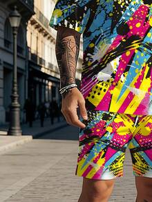 Ensemble chemise à manches courtes imprimée par jet d'encre colorée + shorts décontractés pour hommes, ensemble sport décontracté, ensemble de loisirs respirant pour l'extérieur, ensemble d'impression 3D d'été pour adultes pères, convient pour un usage quotidien extérieur, comme cadeau. - Couleurs mélangées - Voir 5