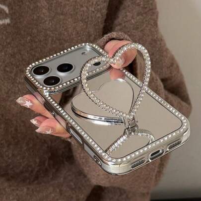1个奢华水钻闪亮爱心戒指托镜面手机壳，兼容 17/16/15/14 Pro Max，硅胶材质，酷炫时尚