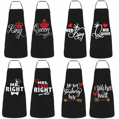 1pc Unisex Kitchen Apron - Mr. & Mrs. King & Queen Apron - Couple Waterproof Apron With Letter & Graphic Print - Funny Cooking Chef Apron For Men & Women - Wedding, Valentine's Day, Birthday, Thanksgiving Gift
