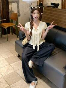 Korean Style Polka Dot Print Short Sleeve Blouse, Fashionable & Versatile Summer - Beige - View 9