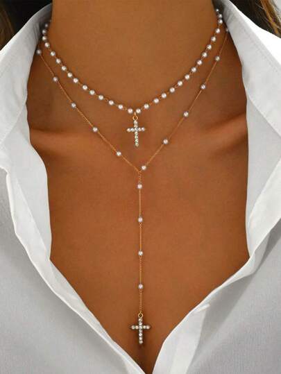 2pcs/Set Handmade Faux Pearl Glass Rhinestone Cross Pendant Necklace, Y-Style, Adjustable Length, Fashionable For Women, Suitable For Daily Wear, Shopping, And Photo Shoots