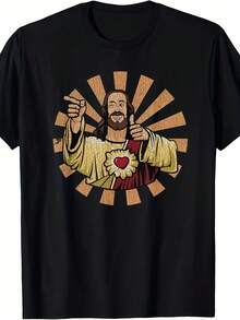 Men's Vintage Jesus (A.K.A.Buddy Christ) Graphic T-Shirt - Religious Icon Short Sleeve Tee, Comfortable Casual Wear For Church, Everyday Outfits & Year-Round Machine Washable Apparel - 黑色 - 查看 6