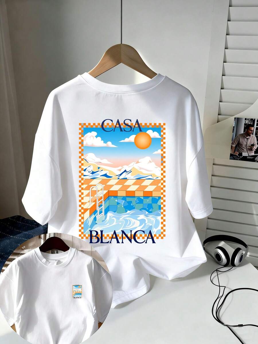 Printed T-Shirt In Casa Pool Resort Style, Casual Everyday T-Shirt, Comfortable Short-Sleeved T-Shirt Made Of Pure Cotton For Men, Loose And Comfortable Fit, Simple And Stylish, Suitable For Everyday Wear, Outdoor Sports, Weekend Wear, Summer T-Shirt, Gift Idea For Men. - 白色 - 查看 1