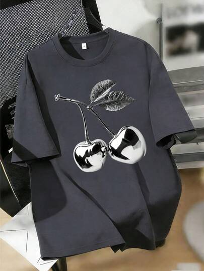 Cherry Print Round Neck Short Sleeve T-Shirt With Metallic Accent. Women's New Minimalist Cute Pattern Casual Vacation Loose Fit Round Neck Short Sleeve T-Shirt, Fashionable Everyday Top, Suitable For Daily Vacation Wear. Women's Printed Short Sleeve T-Shirt, Suitable For Summer Daily Wear, Suitable For Holidays Like Valentine's Day, Back To School Season, Teacher's Day. Letter Print Short Sleeve T-Shirt, Soft, Loose And Comfortable High-End Streetwear Vacation Style Loose Casual Versatile Short Sleeve Top