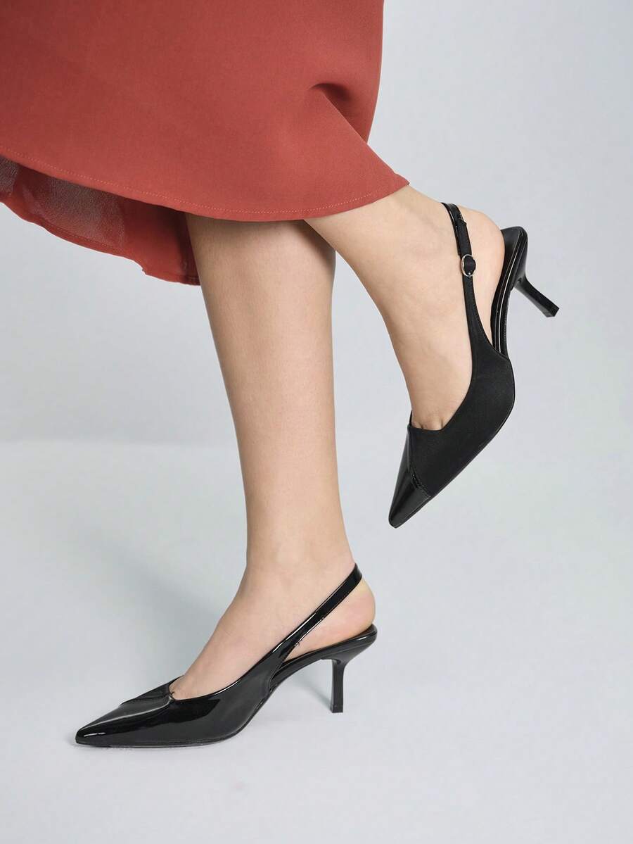 Tacones altos elegantes de moda con diseño de hebilla y punta afilada para mujer - Negro - Ver 1