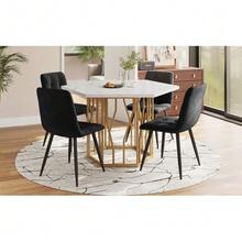 Dining Room Table And Chairs Set (5 Pieces), Modern Hexagonal Marble Table + 4 Black Velvet Chairs To Create A Warm And Contemporary Atmosphere, Gold Table Legs - Gold - View 4