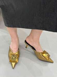 2026春季新款金属花朵尖头高跟穆勒鞋，优雅金色女士套脚凉鞋 - 金色 - 查看 2