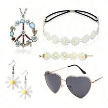 Set de 5 piezas de accesorios con estilo hippie, collar con símbolo de la paz, aretes con margaritas, diadema con flores, gafas de moda, collar y pulsera con rhinestones, regalo para festival o fiesta - Azul - Ver 39