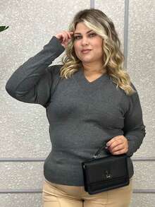 EXPOSICAO PAULISTA Women's Plus Size V-Neck Knit Blouse, Winter Casual Sweater, Comfortable Wool - Dark Grey - View 5