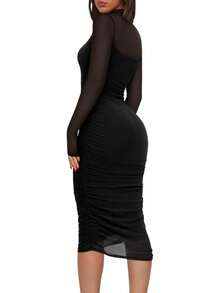 2026 Women's Summer Mesh Sheer Short Sleeve Mock Neck Ruched Bodycon Midi Elegant Evening Party Cocktail Dress - Black - View 5