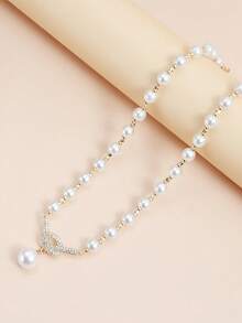 Retro Faux Pearl Bow Y-Shaped Necklace - Unique String Bead Jewelry - Multicolor - View 3