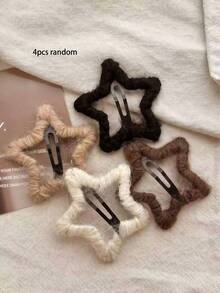 4pcs/Set Soft Cute Star Knitted Felt Hair Clips Set, Including Velvet Bow, Rhinestone Star, And Round Pearl - Suitable For Girls And Women, Can Match Sweet, Fresh, And Fashionable Styles, Suitable For Daily Wear And Party - Multicolor - View 8