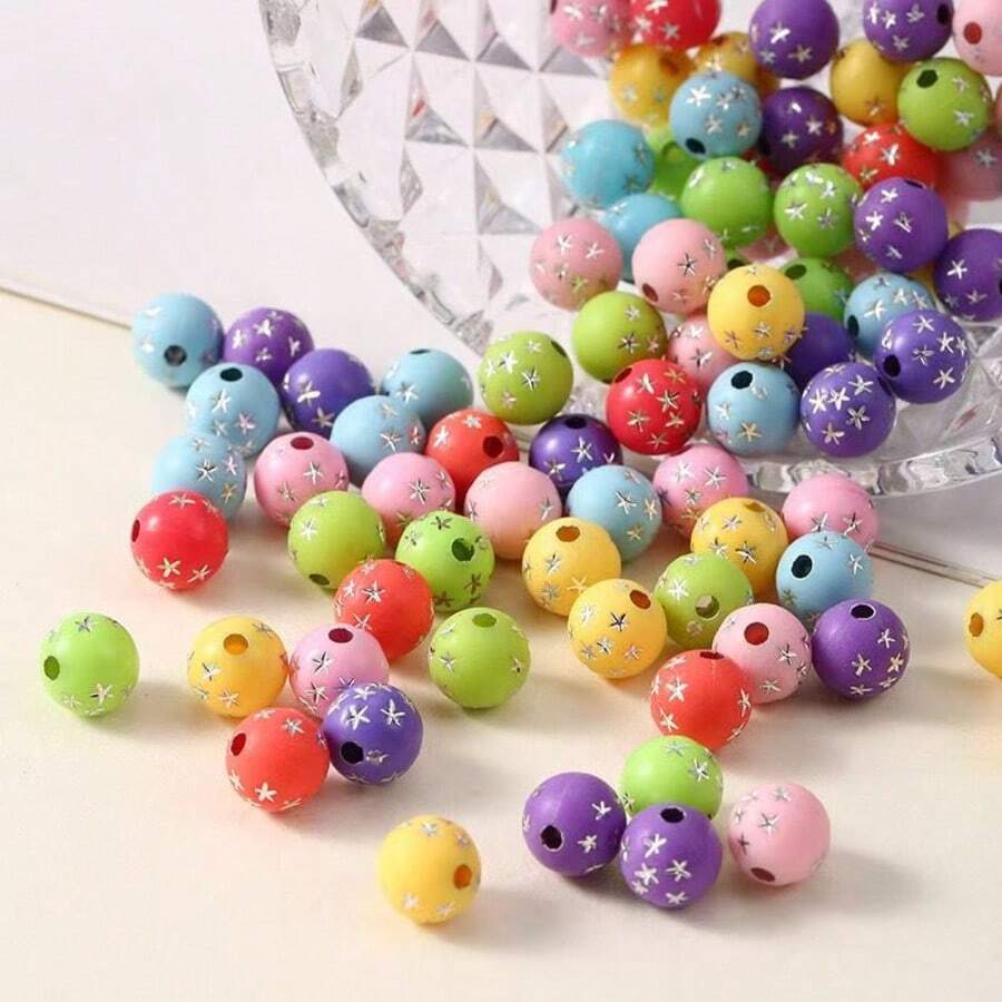 10/100pcs 10mm Acrylic Round Spacer Beads - Multicolor Star Shaped Round Hole Decorative Beads, Suitable For DIY Jewelry Making, Bracelets, Necklaces, Keychains, Necklace Decorations, Interesting Design With Glossy Effect - Multicolor - View 1