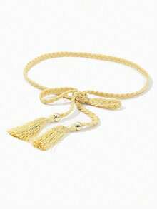 1pc Handmade Woven Extra Long Black Waist Rope - Beige - View 2
