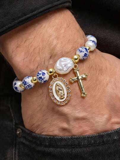 1件复古风格圣母玛利亚十字架吊坠手链，陶瓷珠手链，多色金属珠手链，适合男士日常及节日佩戴