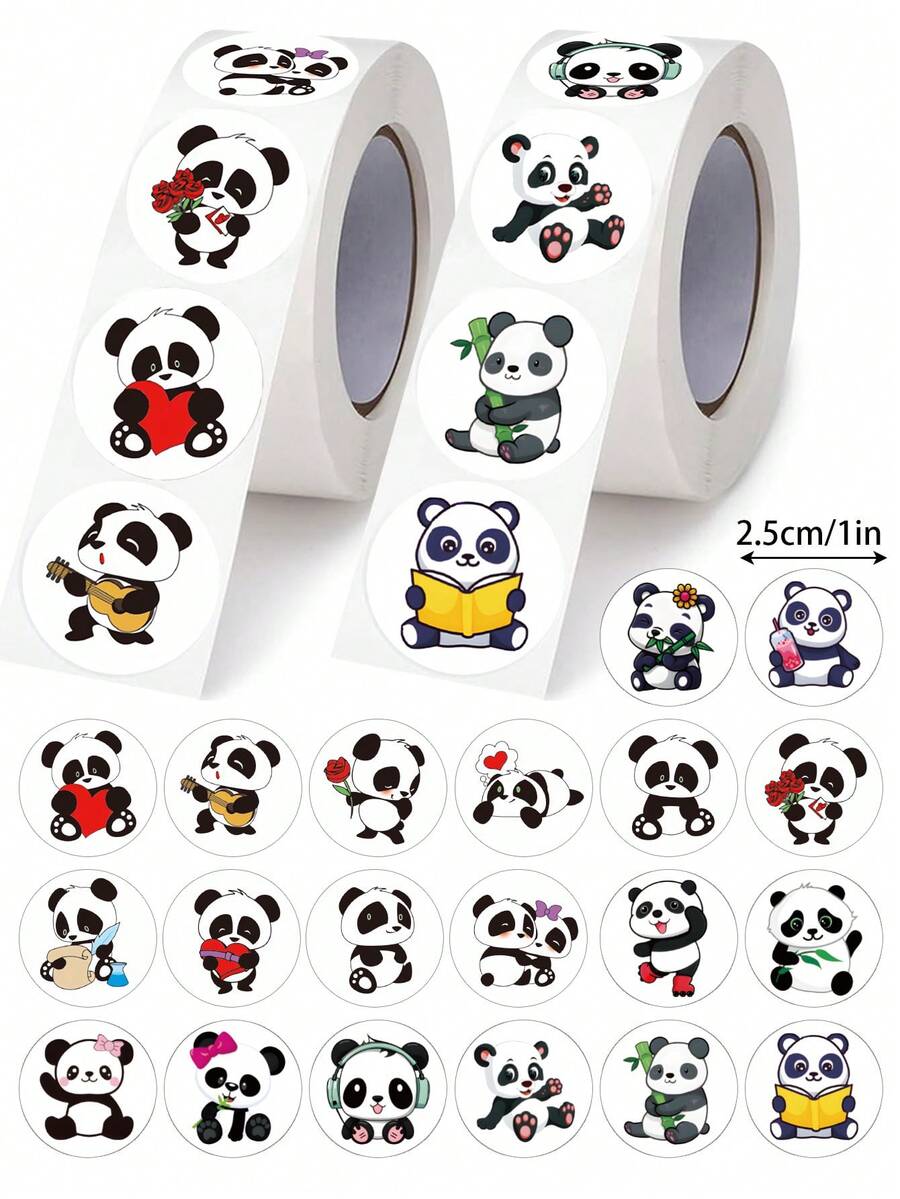 500 piezas Pegatinas de rollo de panda gigante de dibujos animados, redondas de 1 pulgada, 2 estilos a elegir, 20 patrones lindos, artículos de papelería de oficina, elementos de decoración DIY para álbumes de recortes, pegatinas de recompensa para maestros, pegatinas autoadhesivas de PVC, útiles escolares - Panda de dibujos animados - Ver 1