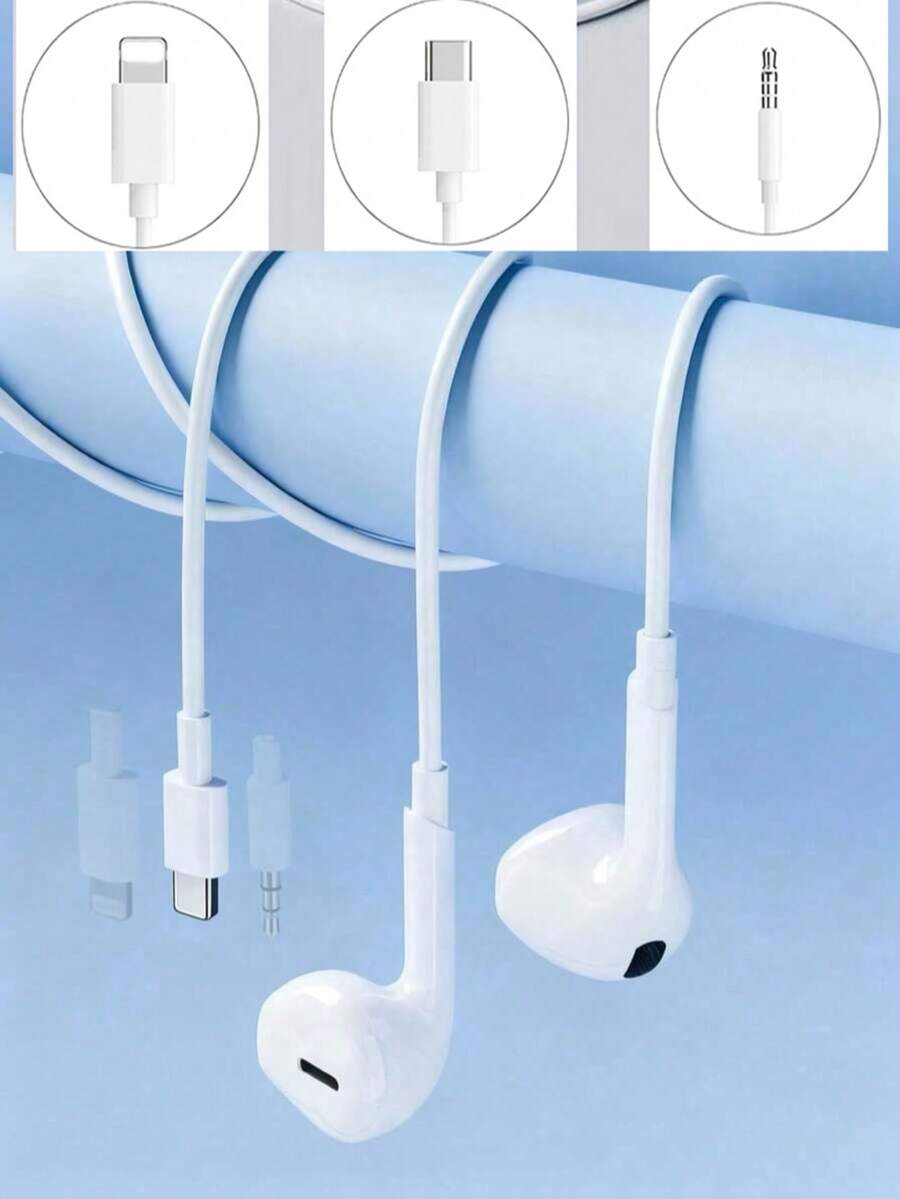 Wired Earphones Compatible With IPhone, Type-C Electronic Earphones, 3.5mm Round Plug, USB-C Earphones, Earphones With Audio, Earphones With Microphone And Stereo Bass For IPad/Computer - 白色 - 查看 1