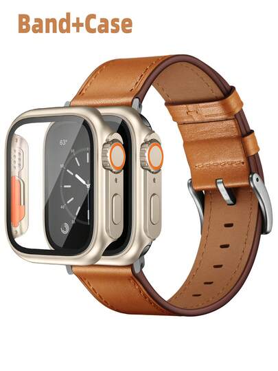 Compatible With Apple Watch Bands And Compatible With Apple Watch Cases, Featuring A Soft, Comfortable Brown Leather Watch Band And A Champagne Gold Case With Screen Protector. This Integrated Case Is Dustproof, Shockproof, And Features An Ultra Design. Compatible With Apple Watch Ultra 3/2/1/SE/S11/S10/S9/S8/S7/S6/S5/S4/S3/S2/S1 Series.