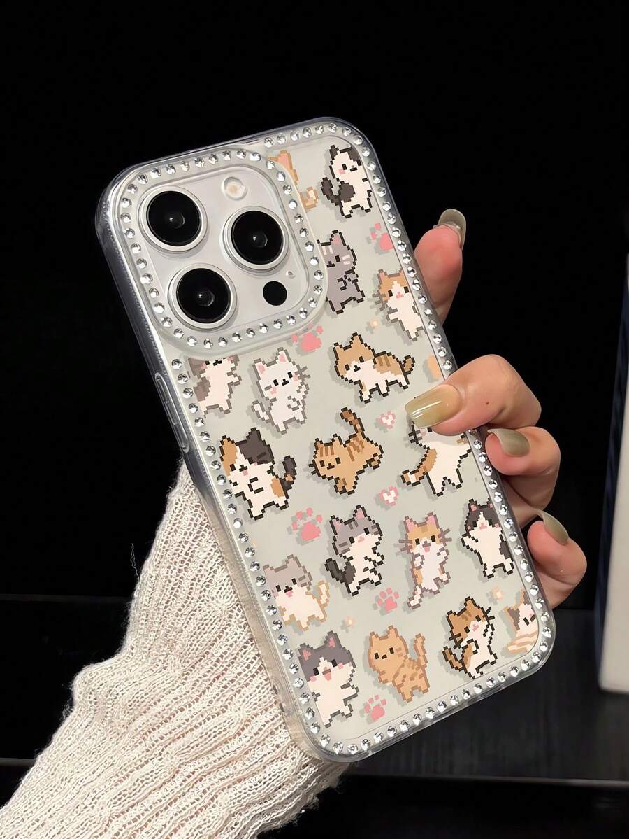 1pc Fashionable Pixel Cat Pattern Full Coverage TPU Bumper Rhinestone Phone Case Compatible With IPhone 17/16/16E/16Pro/16Plus/15/15ProMax/15Pro/11/12/13/14ProMax/11Pro/11ProMax/12Pro/12ProMax/13Pro/13ProMax/14Pro/14ProMax, Elegant Soft Shell - Multicolor - View 1