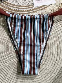 2026新款女士比基尼两件式泳衣，撞色条纹图案，系带露背时尚休闲泳装，适合海滩、度假、派对等场合。 - 藍色棕色 - 查看 5