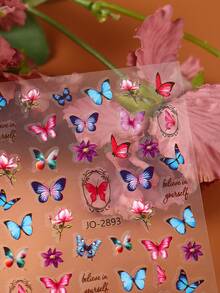 2片装春季美甲贴纸，不同蝴蝶花朵线条设计，滑动式吊坠，自粘式贴纸，DIY美甲配件工具，美甲用品 - 彩色 - 查看 5