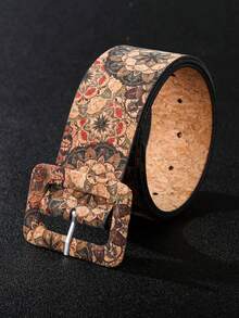 1pc Women's Faux Wood Grain Western Buckle Floral Print Belt, Suitable For Dresses, Skirts And Other Outfits, Bohemian PU Leather Belt, Spring/Summer - Multicolor - View 5