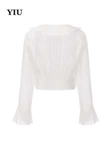 Women's Solid Color V-Neck Ruffle Splice Casual Commuter Long Sleeve Top - Cream - View 9