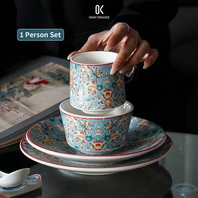 1 Set Ceramic Tableware Set For One Person, Retro Blue Enamel Style Design, Suitable For Home Use, Decoration, Restaurants And Kitchens, Suitable For Various Festivals As Gifts Or Presents, Suitable As Gifts For Family And Friends