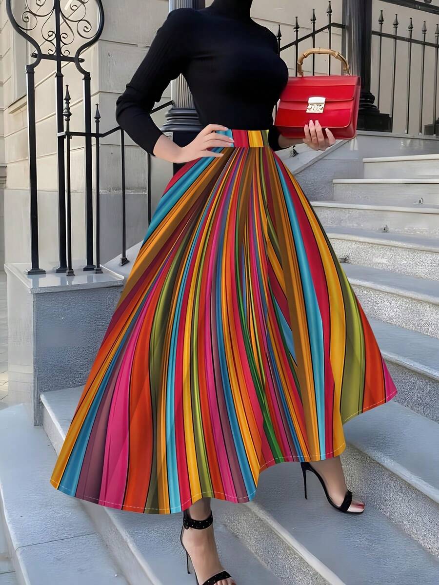 Plus SizeWomen'S Midi Skirt Featuring A Vacation-Style Rainbow Striped Print Design - style - 查看 1