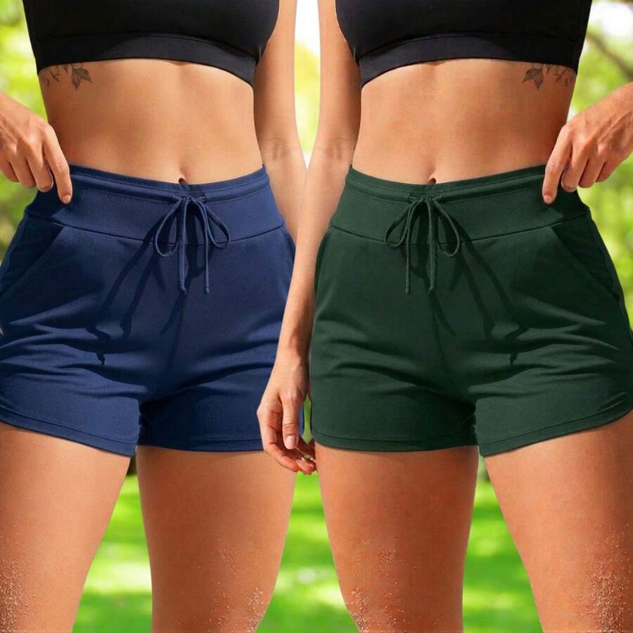 Acqua Bronze Kit 2 Shorts Suplex Drawstring Pocket Adjustable Women's Versatile Bath Sport Double Waistband Sporty Simple Casual - 海軍藍/軍綠色 - 查看 1