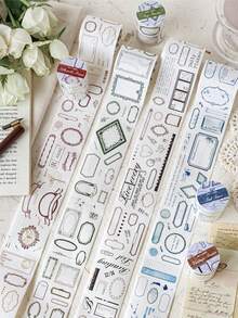 MOCARD 1卷2米水彩边框和纸胶带，复古创意美学贴纸，DIY装饰拼贴工艺用品，节日礼物，个性化剪贴簿学校文具（4种随机款式） - 素色邊框 - 查看 2