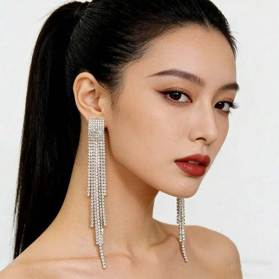 一对欧美经典百搭夸张长款水钻流苏耳环，奢华优雅时尚独特，女士耳环 - 彩色 - 查看 1