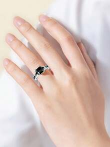 优雅银色时尚戒指，公主切割黑色立方氧化锆，适合女士佩戴，订婚结婚首饰 - 黑色 - 查看 4