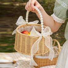 Artificial Woven Flower Girl Basket With Pearl Hand Grip Small Rattan Present Basket Decorative Picnic Hamper - 黃色 - 查看 4