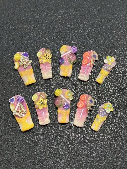 10 Pieces 3.3cm Handmade Square Wearing Armor, Paired With Butterfly, Lollipop, Fruit, And Heart Decorations, Nail Sticker Set, Suitable For Women And Girls, Valentine's Day, Parties, Festivals, And Daily Wear. Nail Accessories, Acrylic Nail Kit, Including Kit, Hand Pressed Nail Art, Fake Nail Stickers, And Nail Supplies.