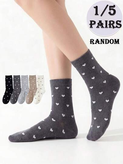 1/5 Pair (Random Delivery) Women Cute Heart Pattern Mid-Calf Socks, Gentle And Versatile For Spring/Autumn Daily Wear