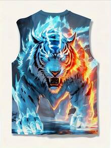 加大码男士3D冰火虎无袖背心，奇幻动物印花肌肉衫 - 米色 - 查看 7