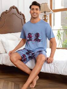 Ensemble pyjama homme d'été - motif crâne et floral, chemise ample à manches courtes avec short | Vêtement d'intérieur respirant, convient pour un usage quotidien et par temps chaud. - Couleurs mélangées - Voir 5